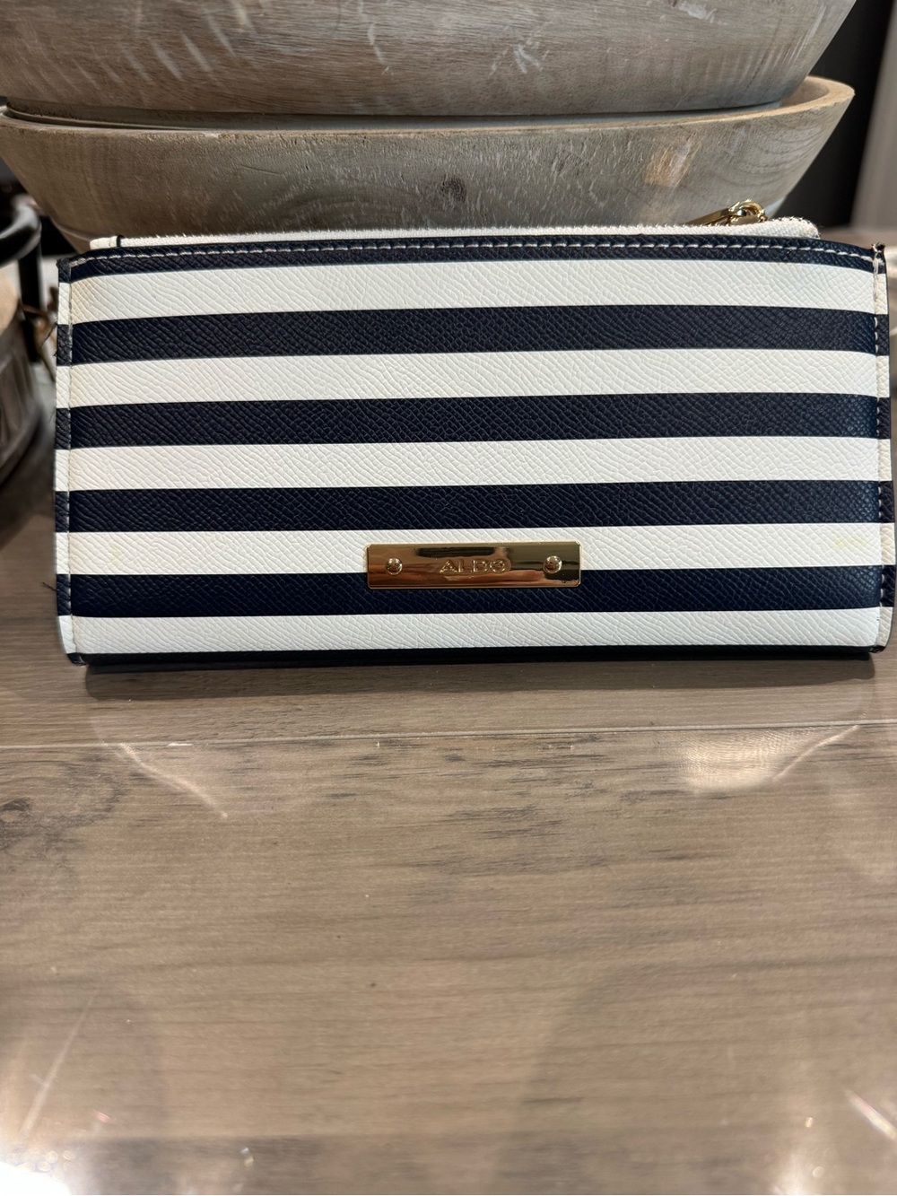 Aldo Navy and White Striped Zip Wallet with Gold Plate